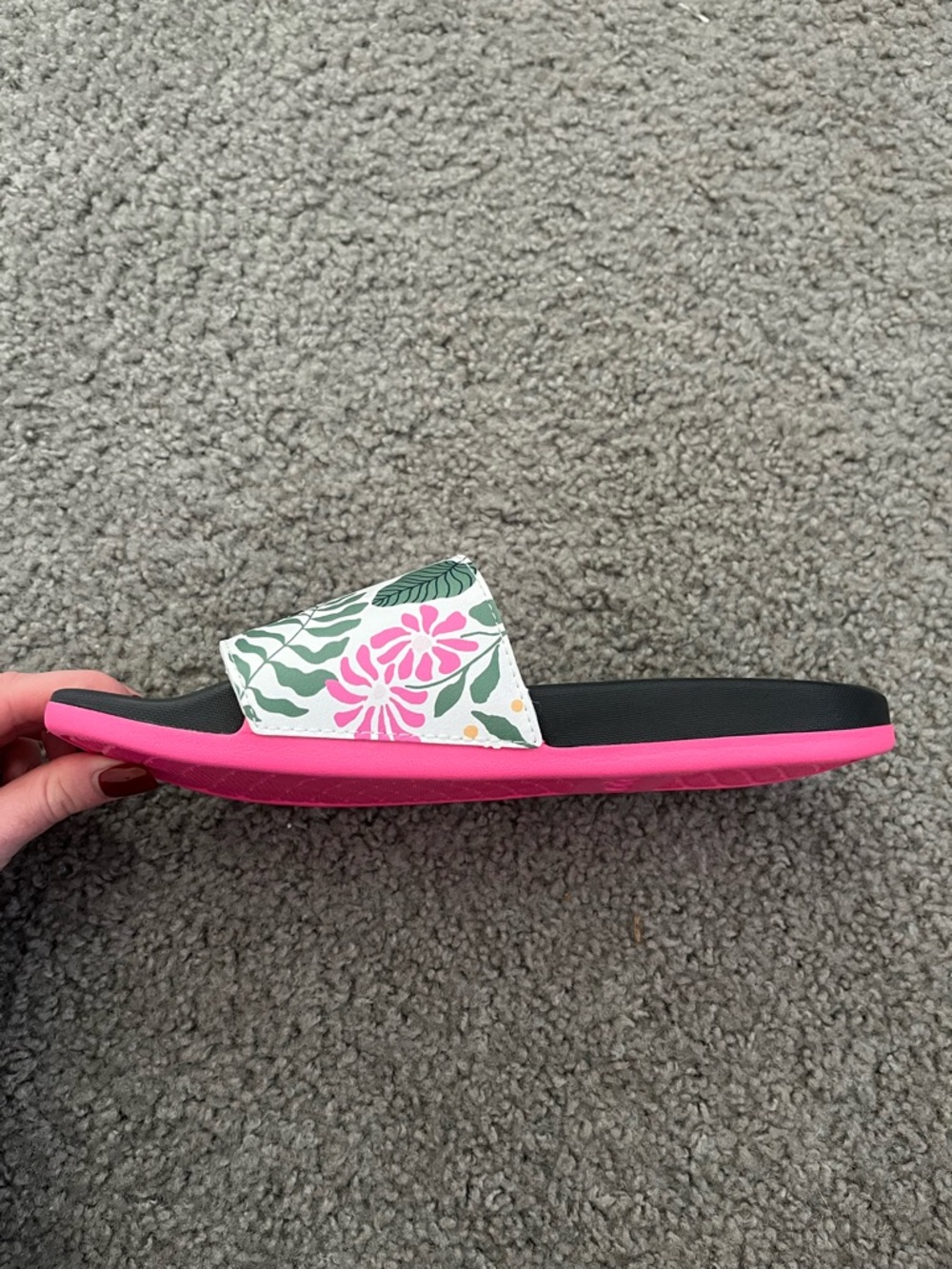 adidas Black Slide Sandals with Pink Trim and Floral Strap - Picture 5 of 8